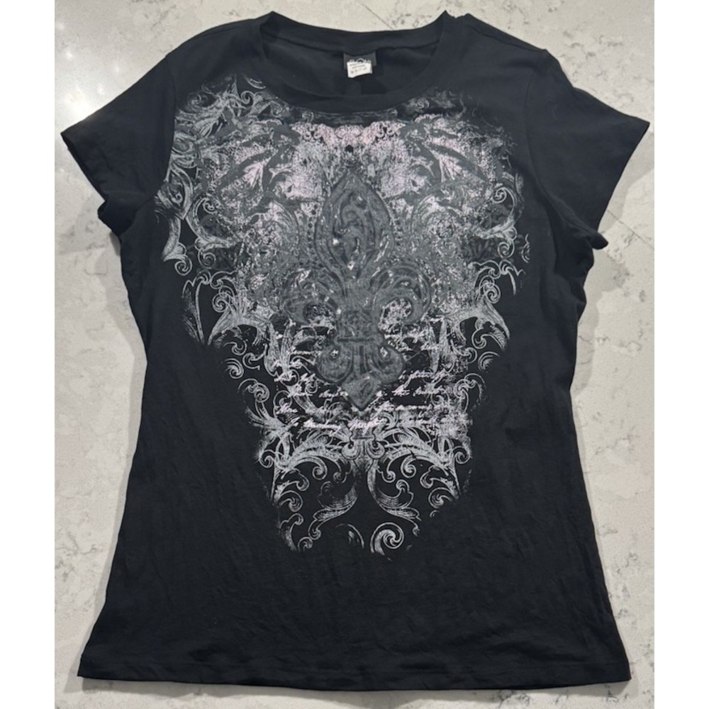 VTG Vanity Y2K Graphic T-Shirt Womens 2XL Black Fleur De Lis Foil Gothic Tee